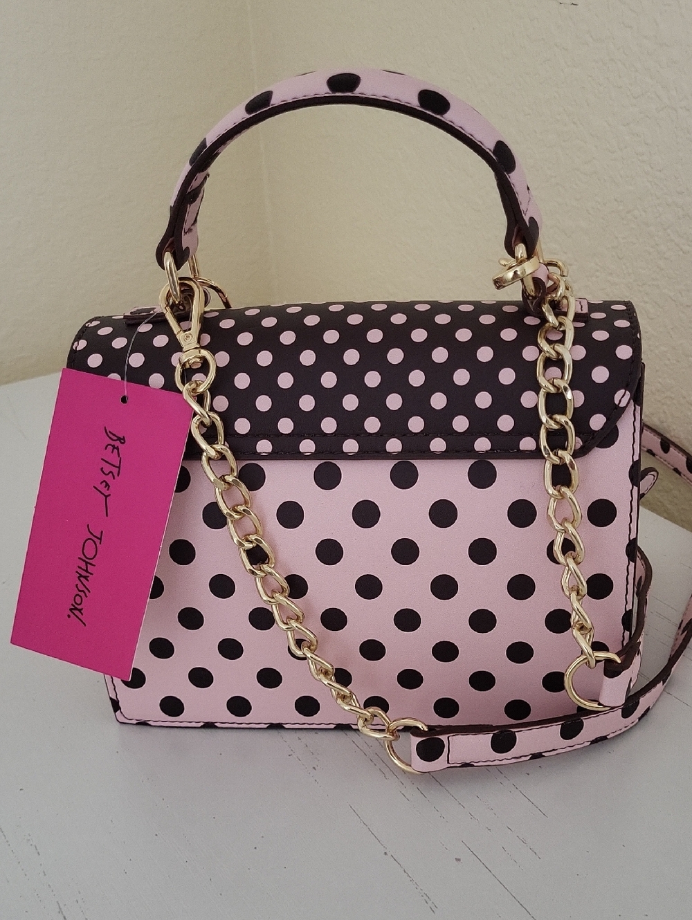 Betsey Johnson Pink And Dark Brown Polka Dot Top-Handle Crossbody Handbag - Picture 3 of 7